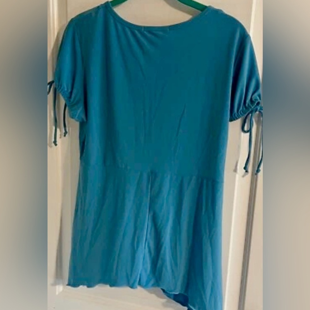 Teal Empire Waist Blouse Ruched Tie Sleeve Flowy Stretch Top Babydoll Large - Picture 6 of 8